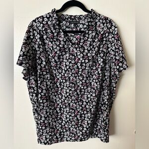 Lane Bryant Floral Black White Pink Ruffled Collar Top Blouse Size 18